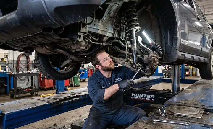 A mechanic inspecting struts and suspension under a raised car