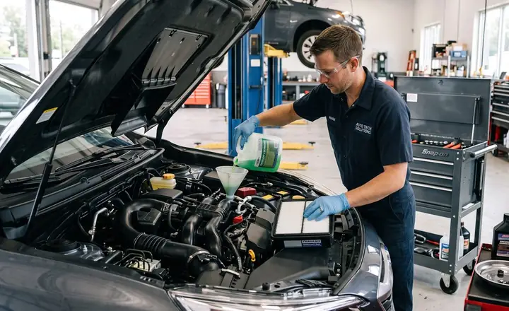A technician topping up fluids and replacing filters under the hood